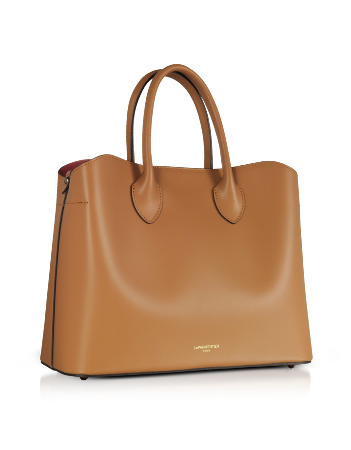 Tan leather handbag with double handles and a minimalist design