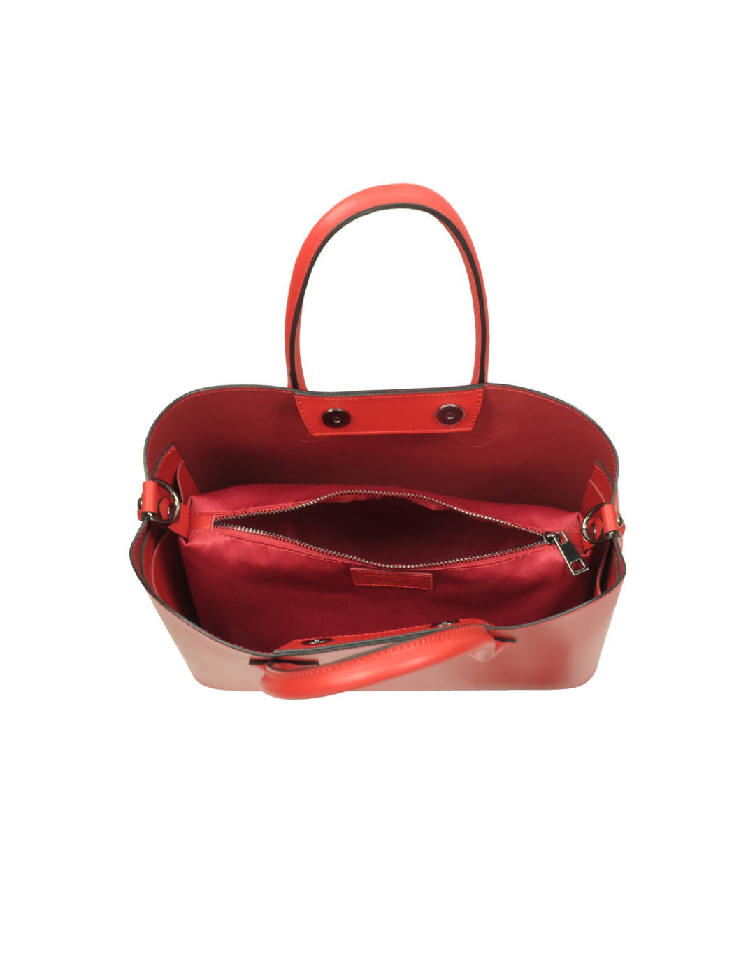 Red leather handbag with open top, showing inner compartments and zipper pocket