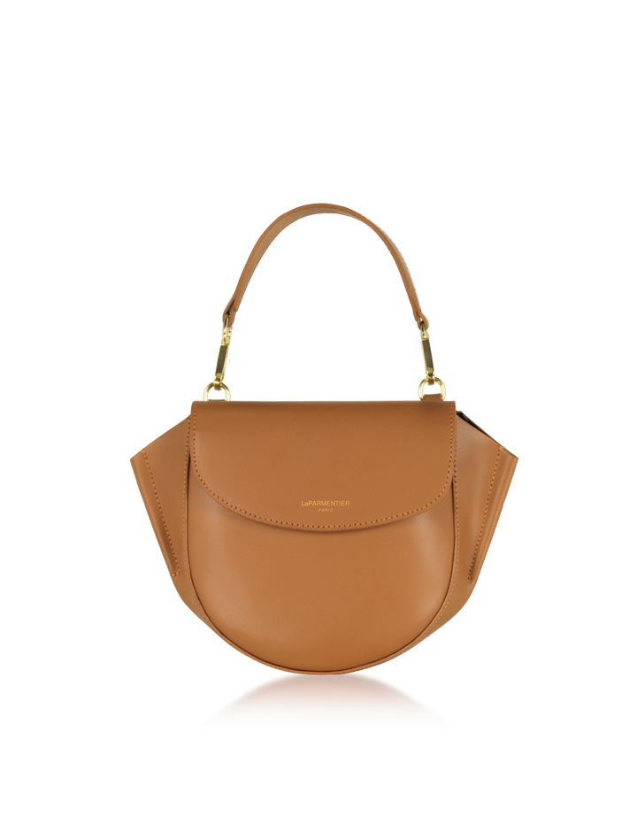 Elegant brown leather handbag with gold accents and curved design