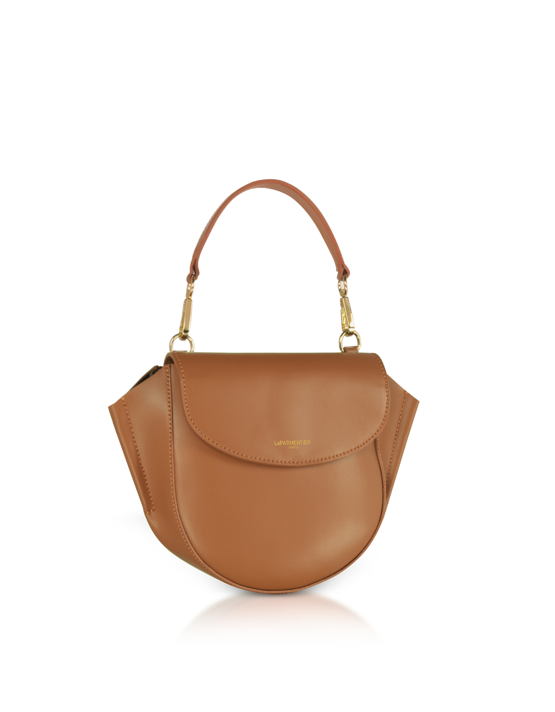 Elegant brown leather handbag with gold accents and a top handle on a white background