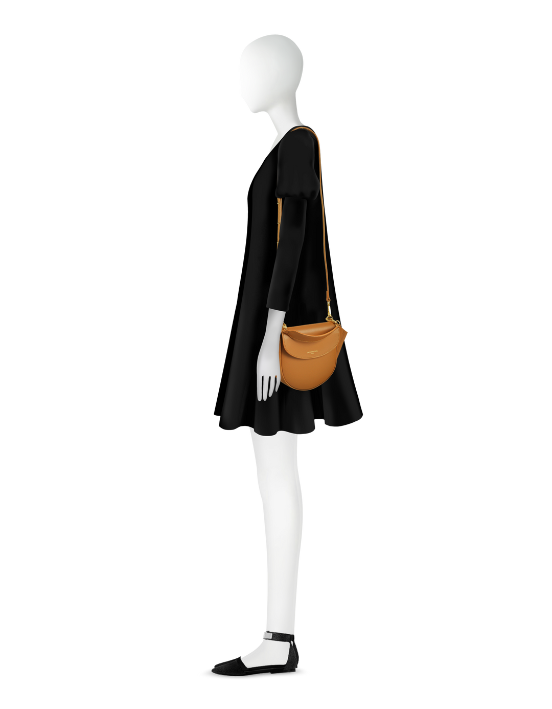 Woman mannequin wearing black dress with tan crossbody bag and black flats, side profile