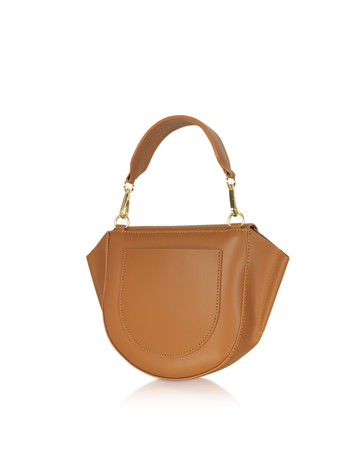 Elegant brown leather handbag with curved design and gold hardware