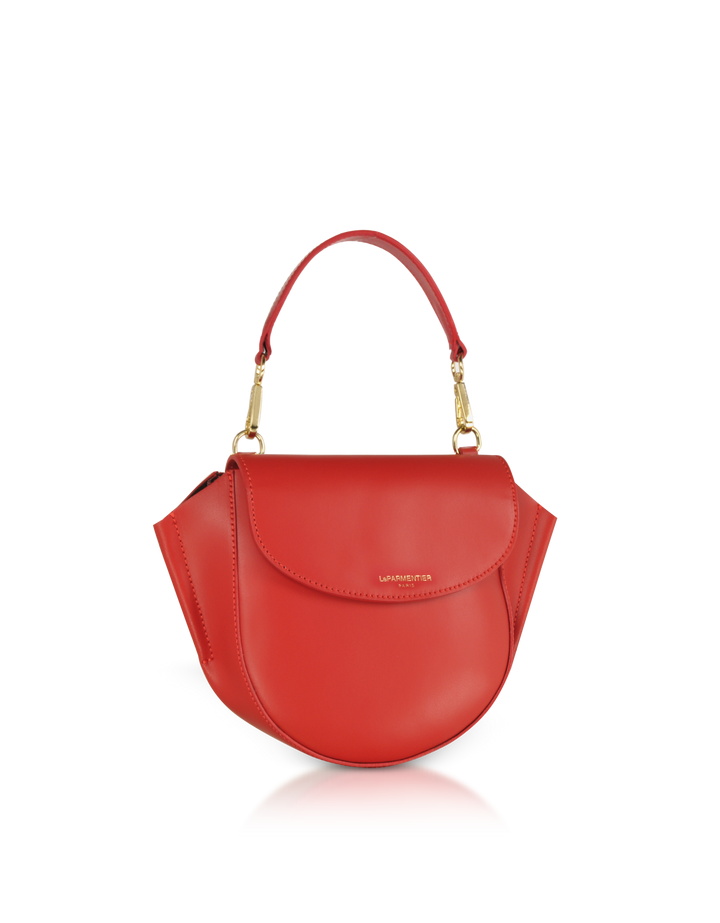 Red leather handbag with gold accents and a curved design