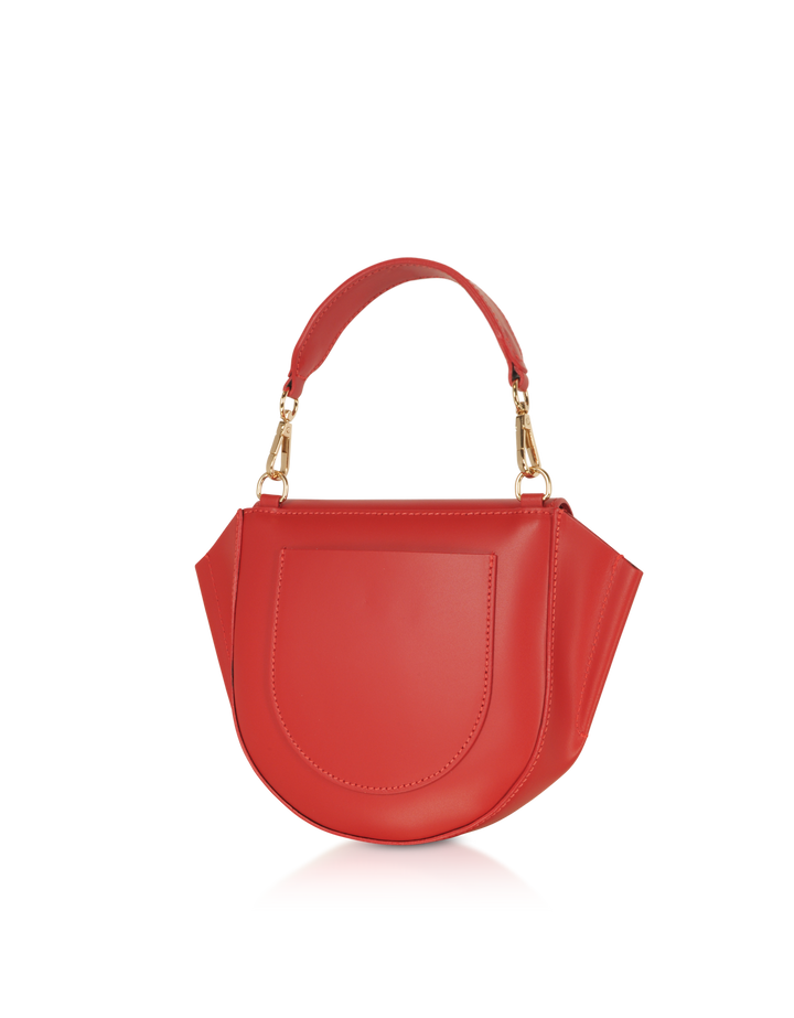 Red leather handbag with gold hardware and top handle