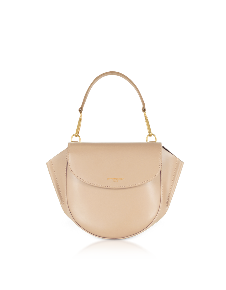 Beige leather handbag with gold hardware and a curved design