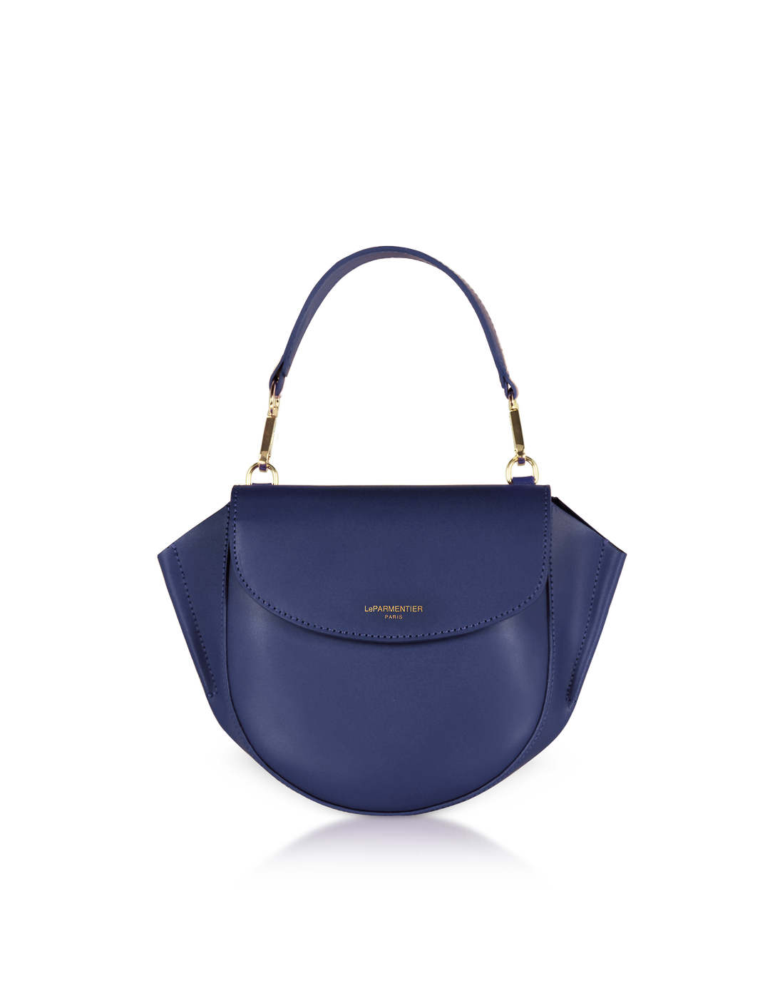 Elegant navy blue leather handbag with gold accents