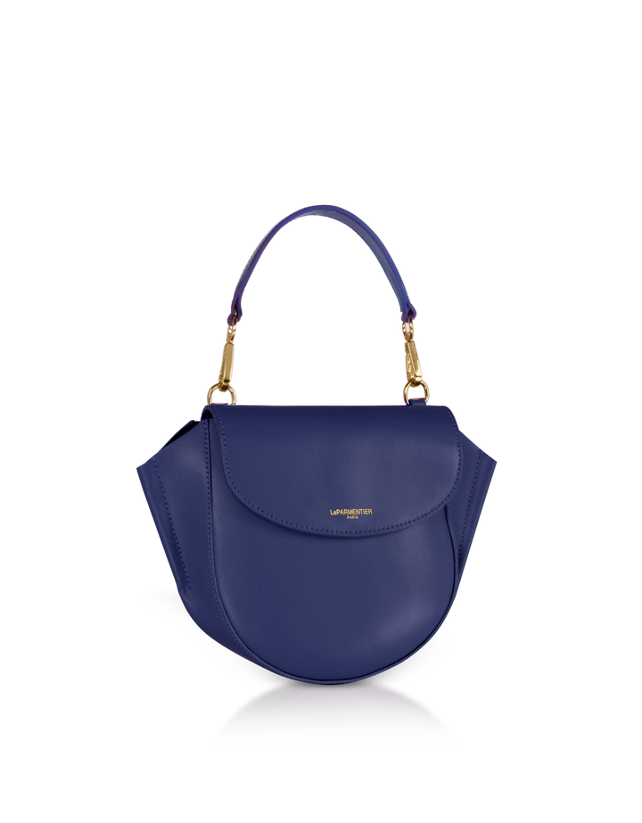 Blue leather handbag with gold accents and top handle