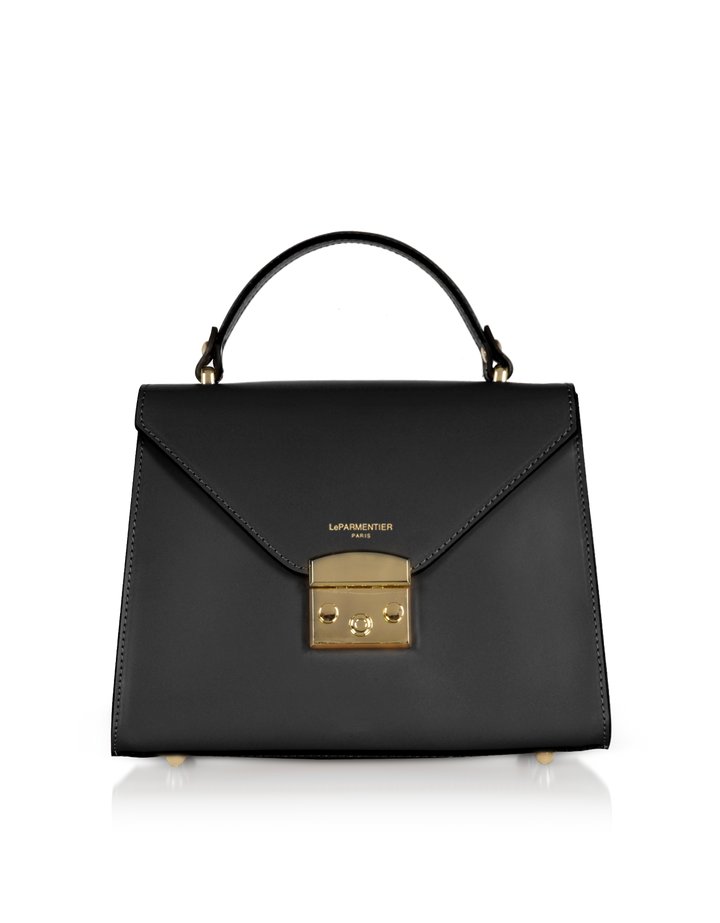 Black leather handbag with gold hardware and top handle