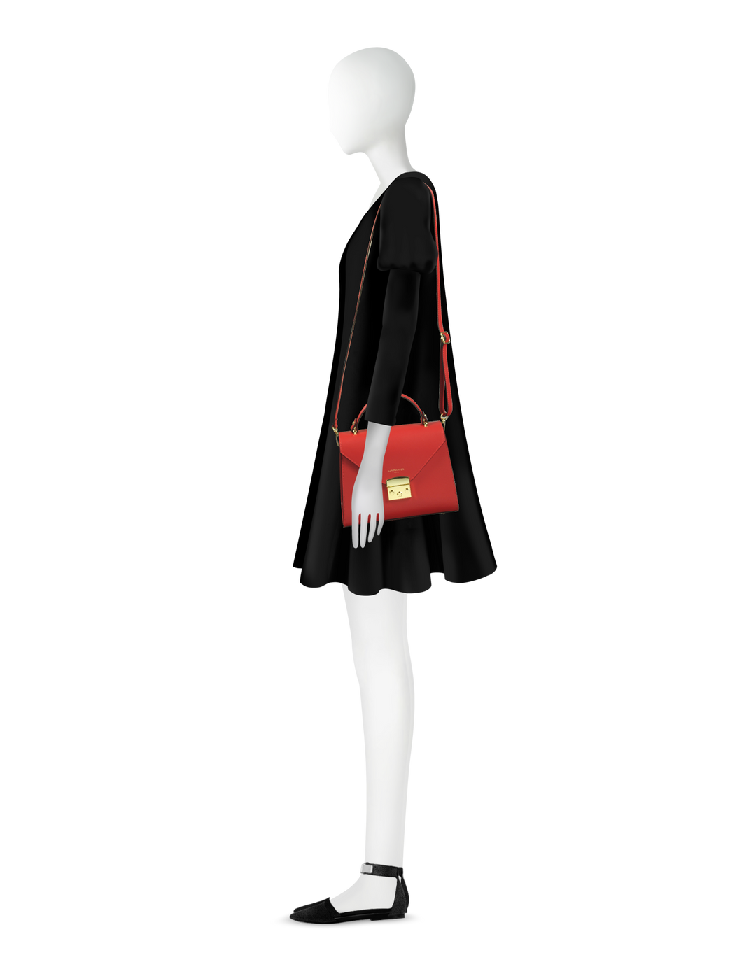 Model in black dress with red handbag and black shoes shown in profile