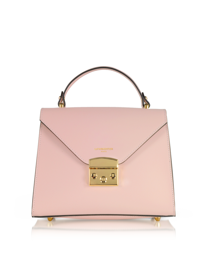 Elegant Light Pink Handbag with Gold Accents and Shoulder Strap