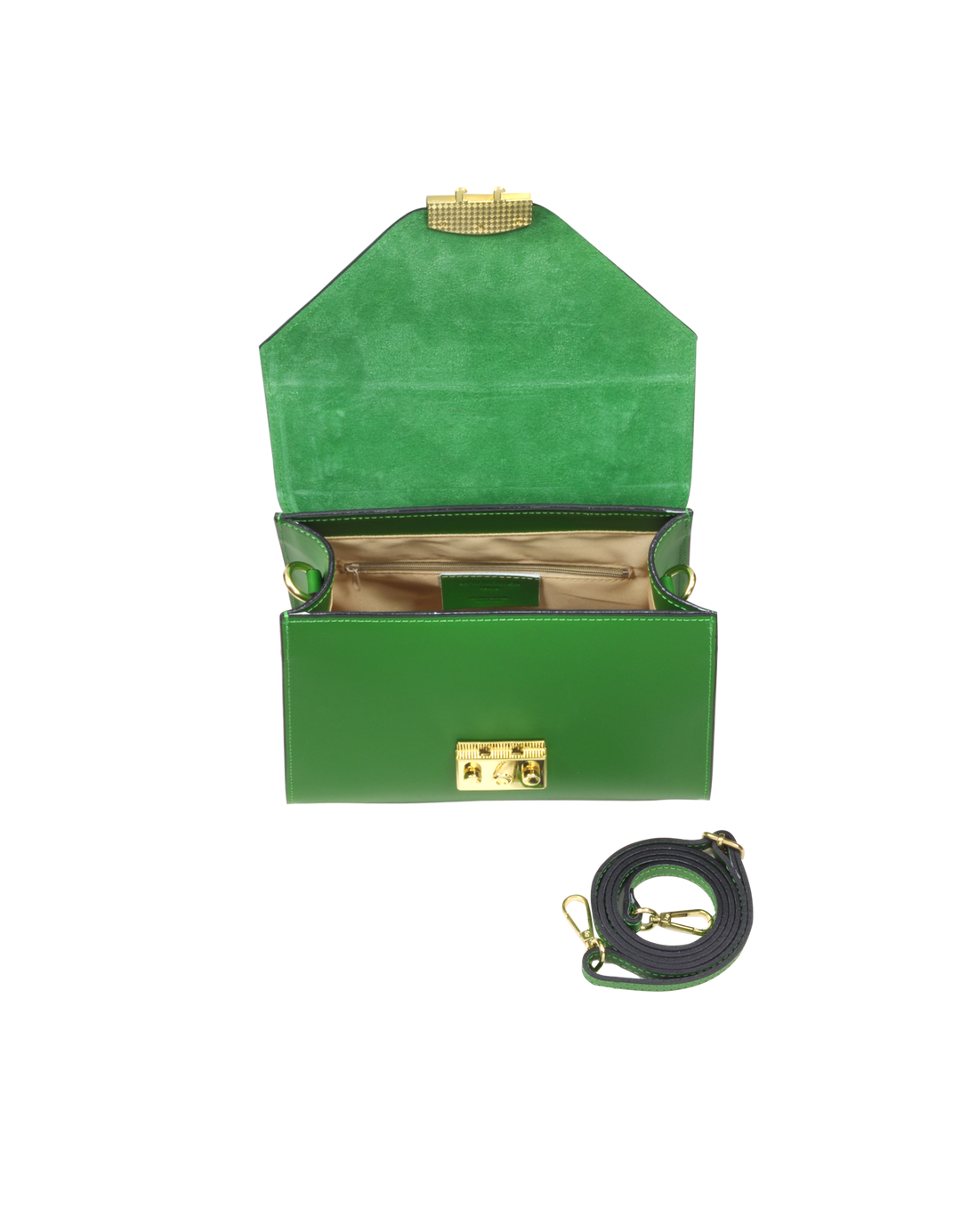 Green leather handbag with an open flap, gold clasp, and detachable strap laid beside it