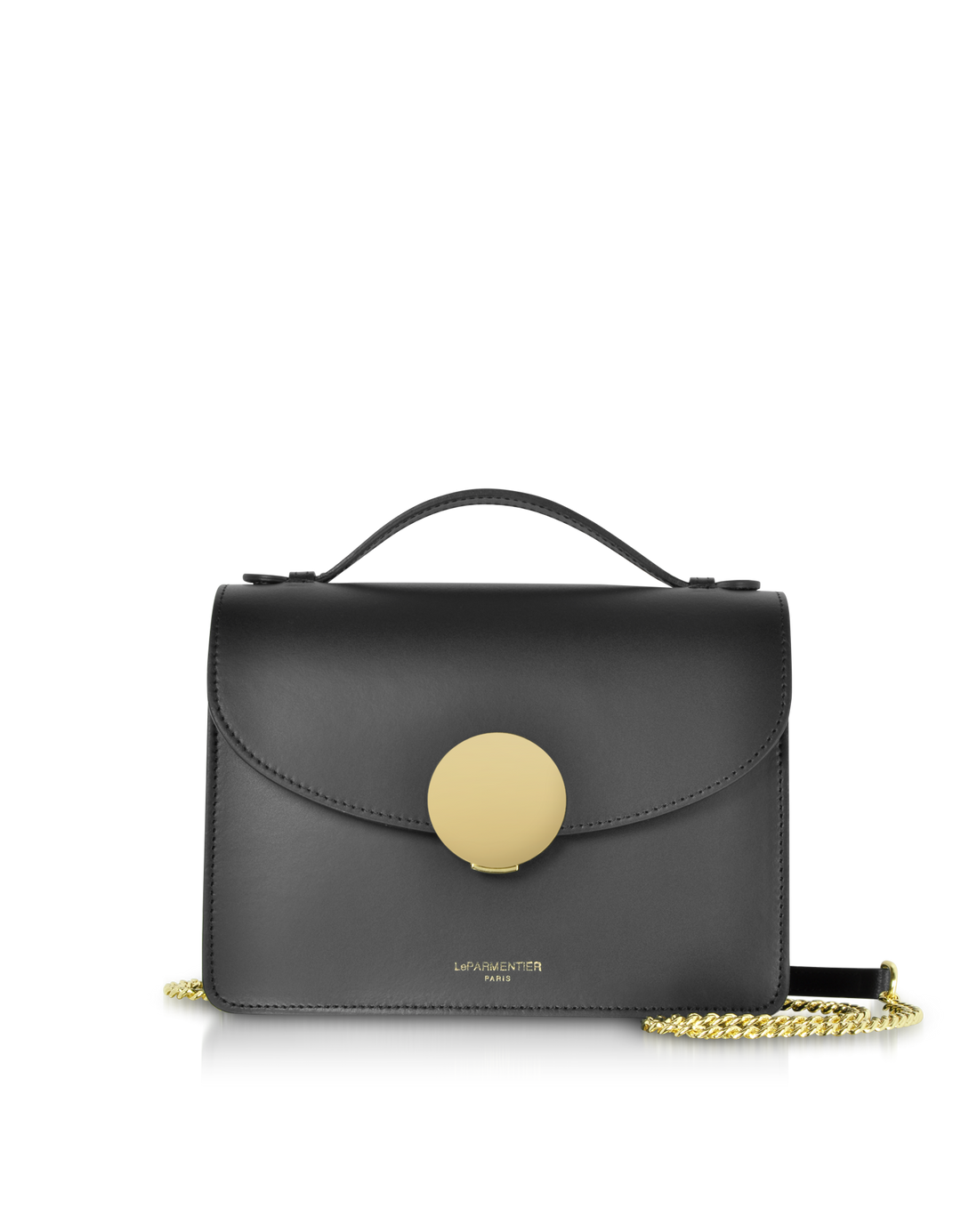 Black leather handbag featuring a gold circular clasp, chain strap, and LeParmentier Paris logo