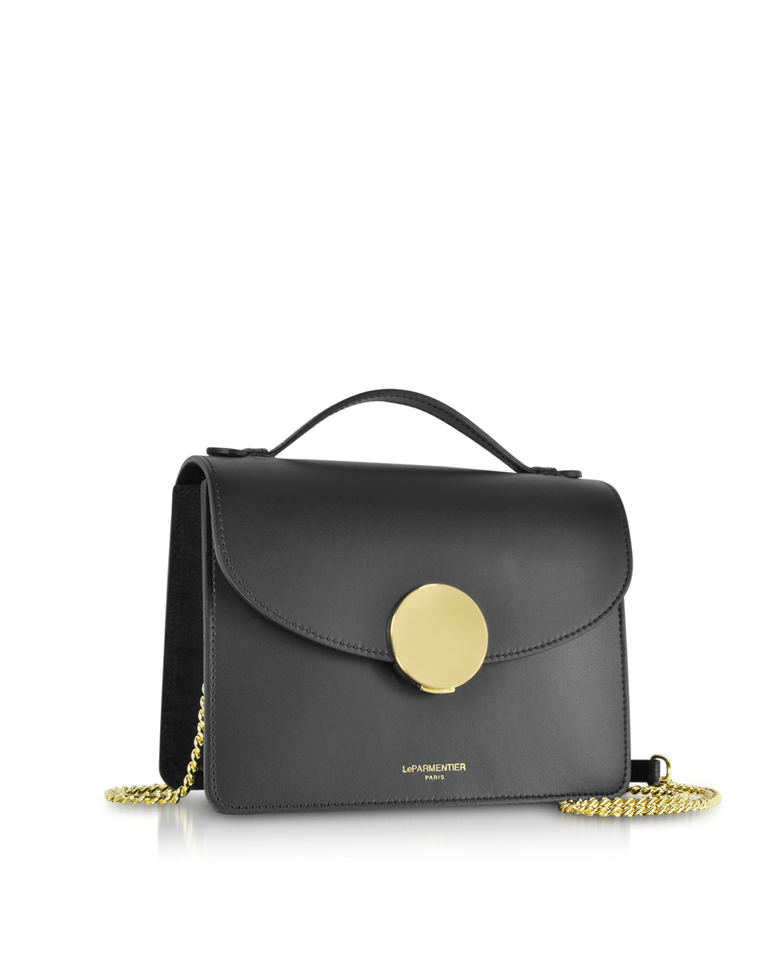 Luxurious black leather handbag with gold chain strap and circular gold clasp