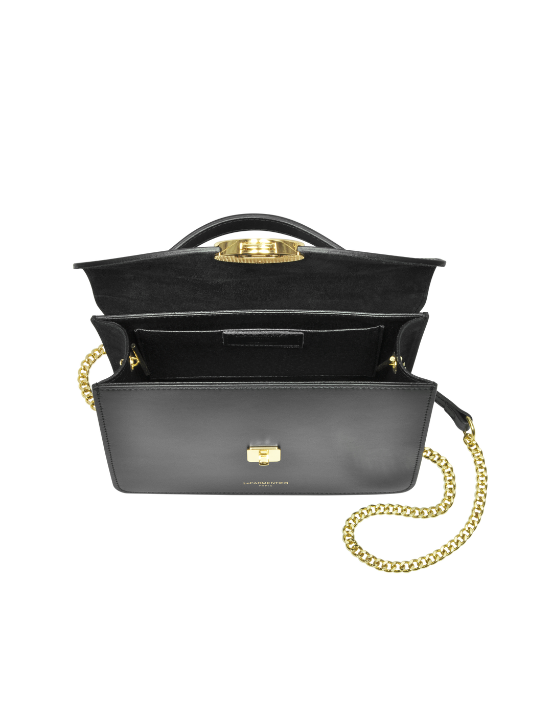 Open black leather handbag with gold chain and clasp