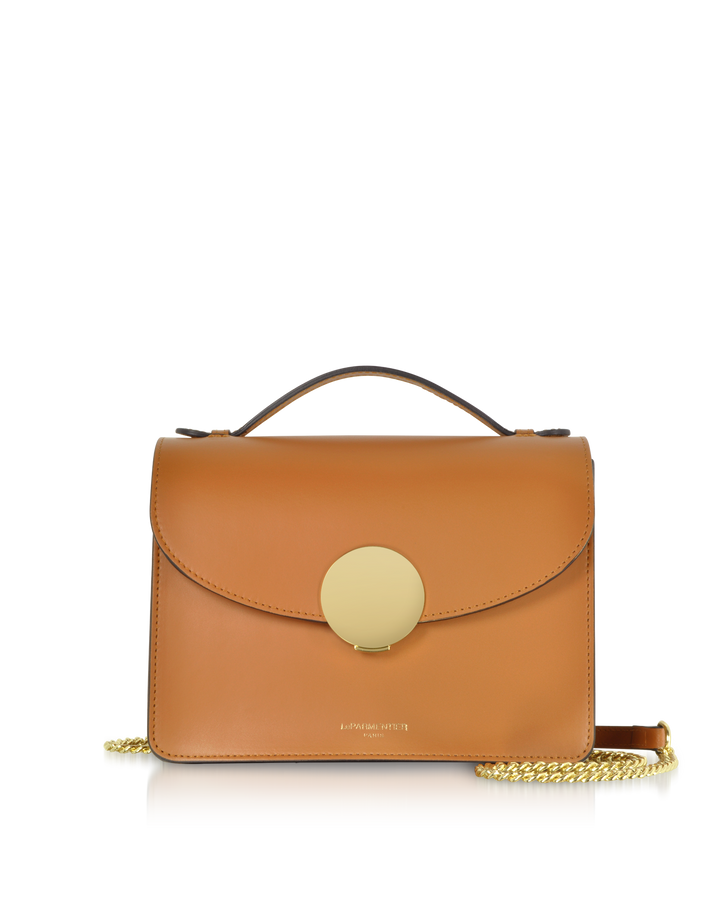 Luxury tan leather handbag with gold chain strap and circular clasp