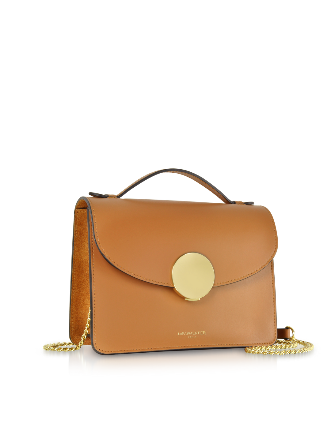 Tan leather handbag with gold clasp and chain strap