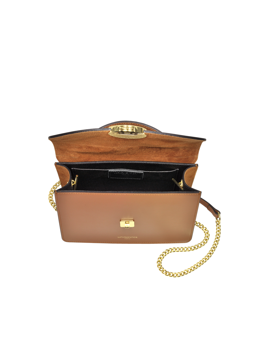 Brown leather handbag with gold accents and an open flap revealing its interior compartments and gold chain strap