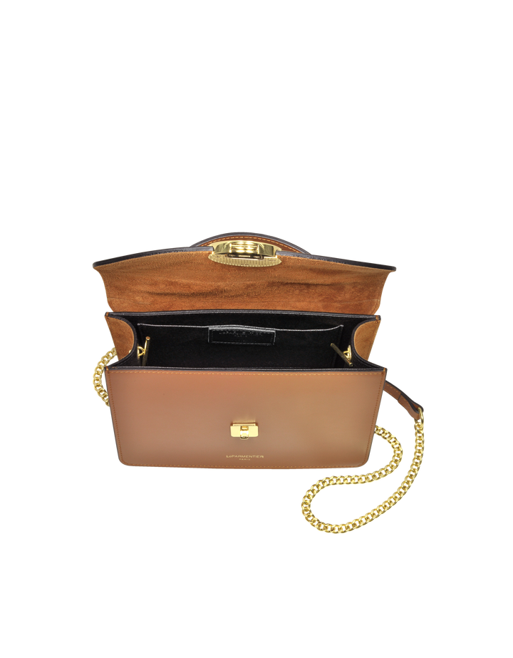 Brown leather handbag with gold accents and an open flap revealing its interior compartments and gold chain strap