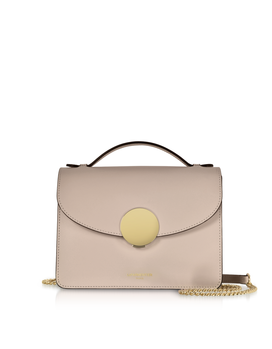 Beige leather handbag with gold circular clasp and chain strap