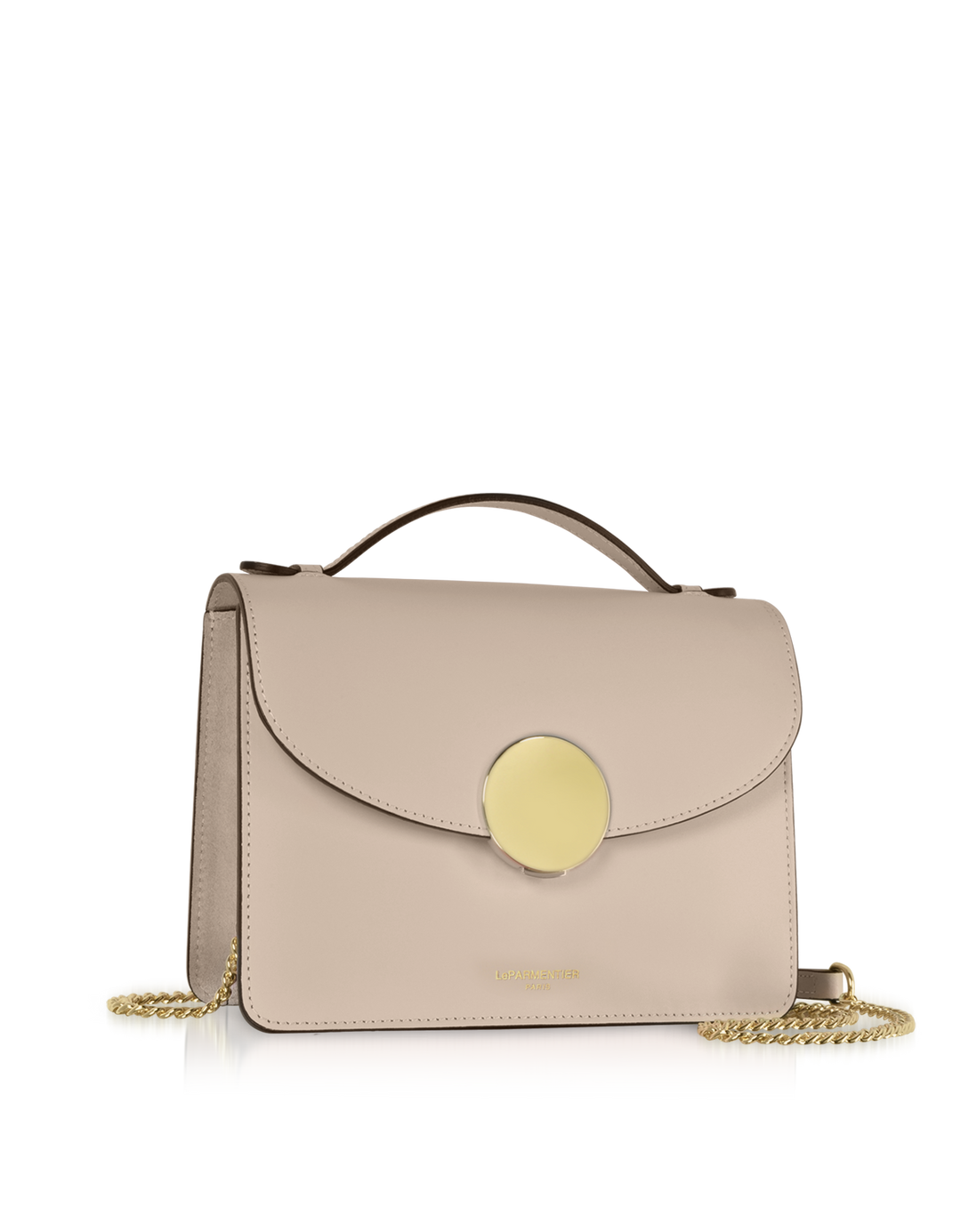 Elegant beige leather handbag with gold chain strap and round clasp