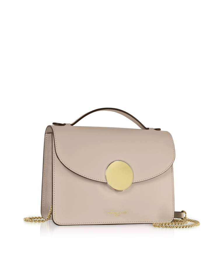 Elegant beige leather handbag with gold chain strap and round clasp