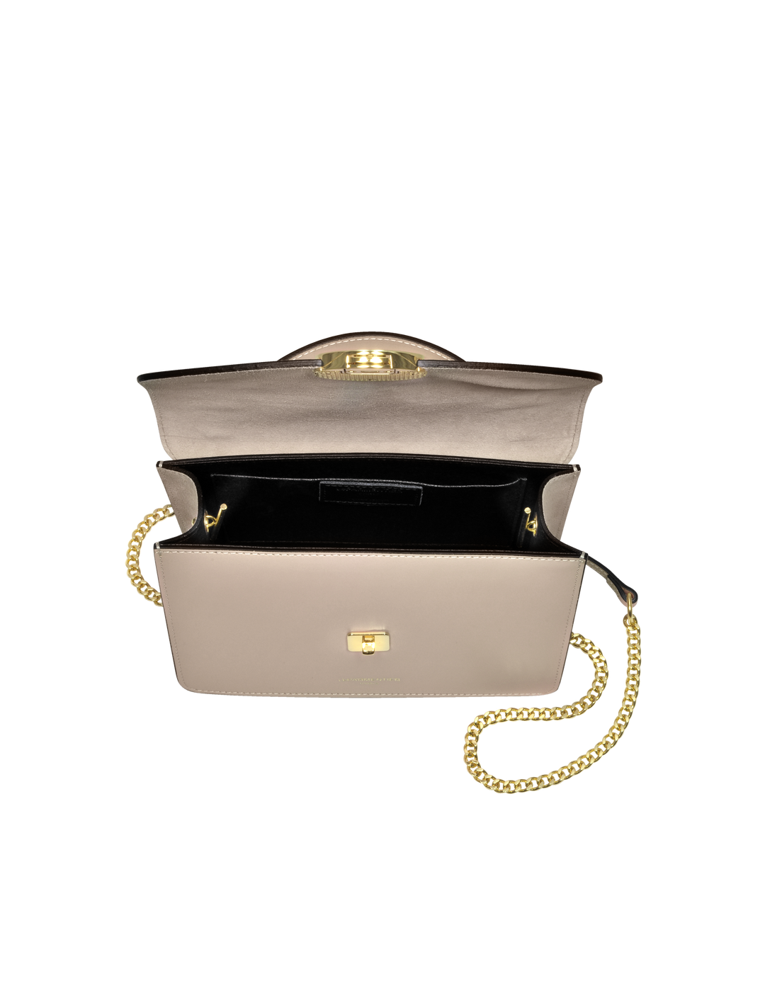 Open beige handbag with gold chain strap and black interior