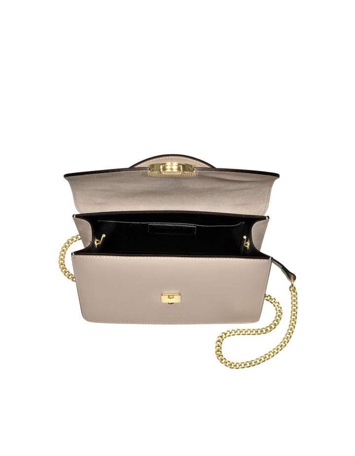 Open beige handbag with gold chain strap and black interior