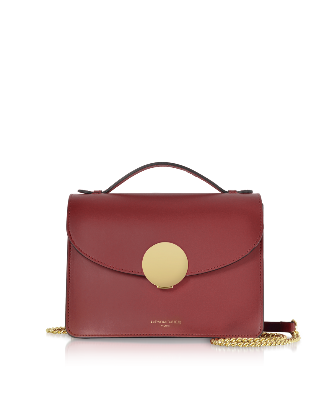 Red leather handbag with a gold clasp and chain strap