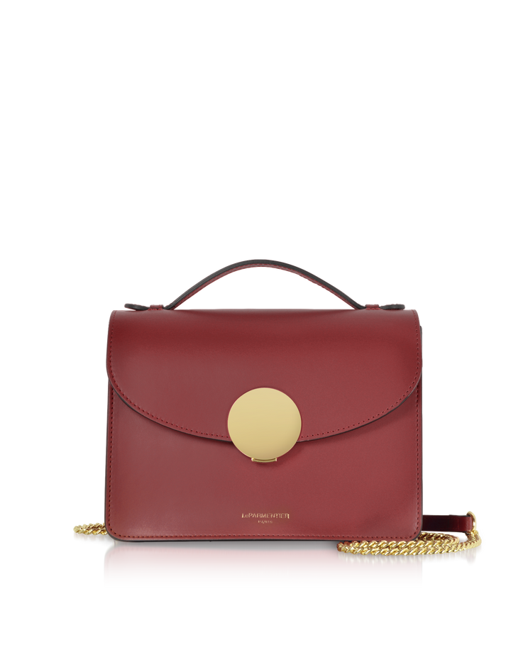 Red leather handbag with a gold clasp and chain strap