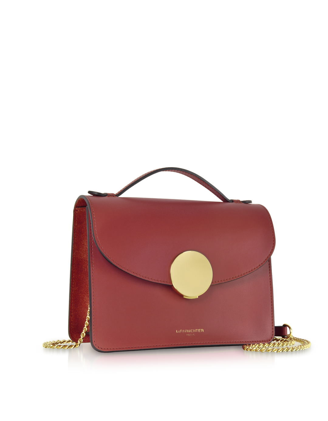 Red leather handbag with a gold chain strap and large circular gold clasp