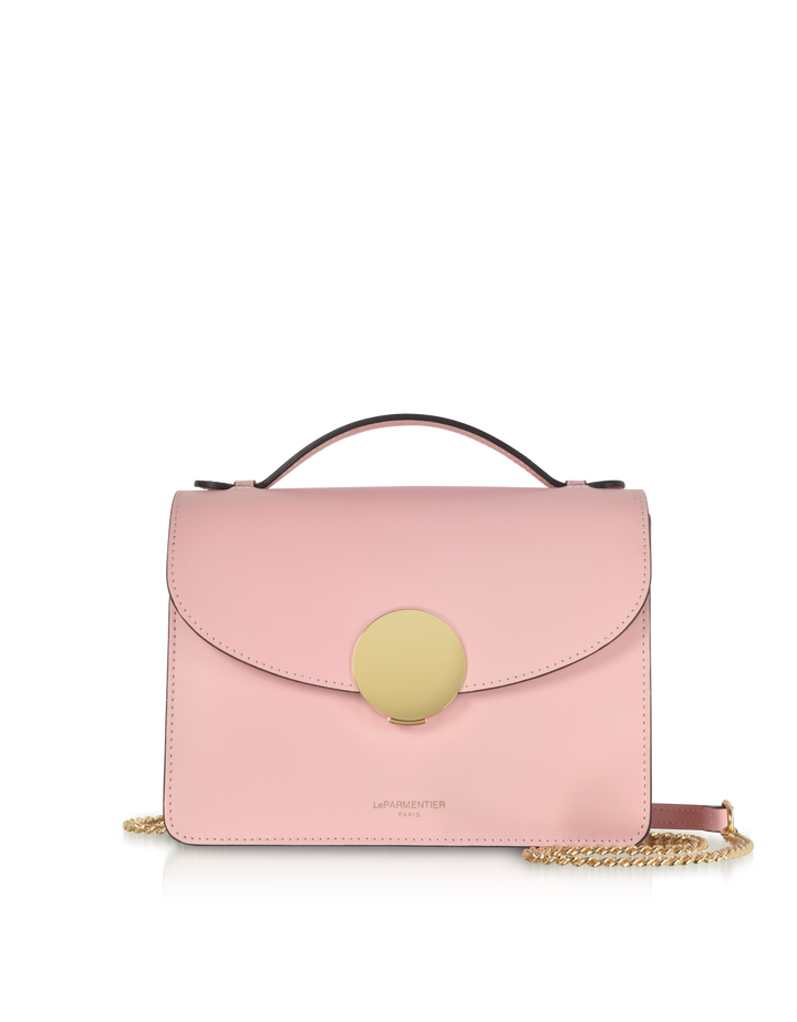 Pink leather handbag with gold chain strap and circular clasp