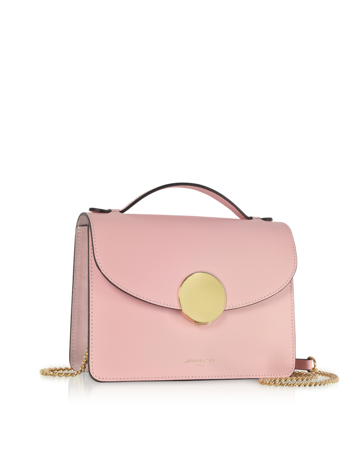 Pink leather handbag with gold clasp and chain strap