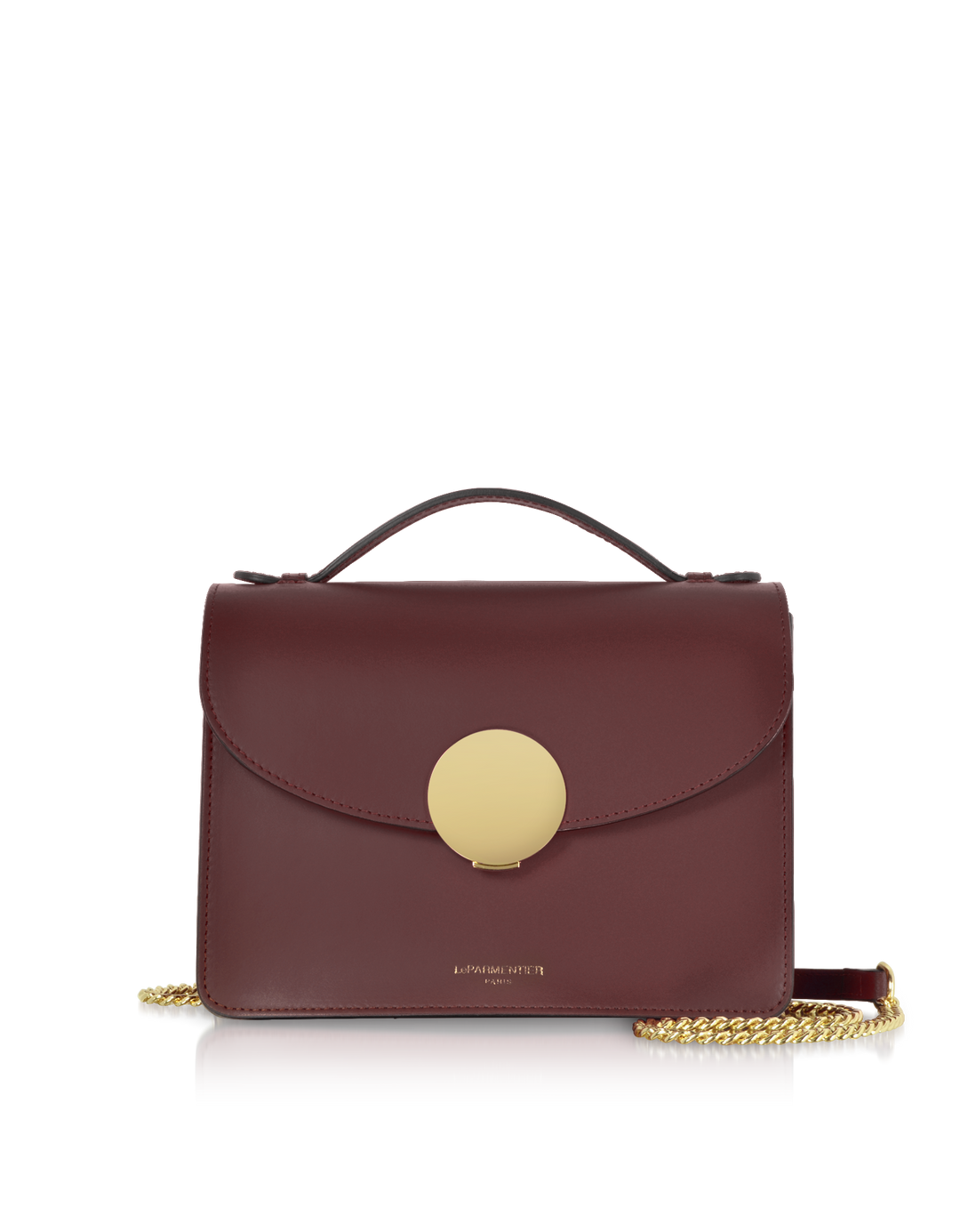 Luxury maroon leather handbag with gold chain strap and circular claspè°ƒæ•´åŽçš„æ–‡æœ¬