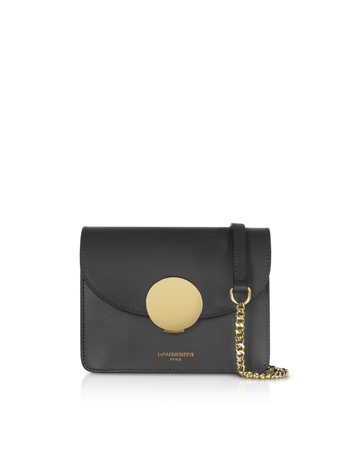 Elegant black leather handbag with gold chain strap and round gold clasp