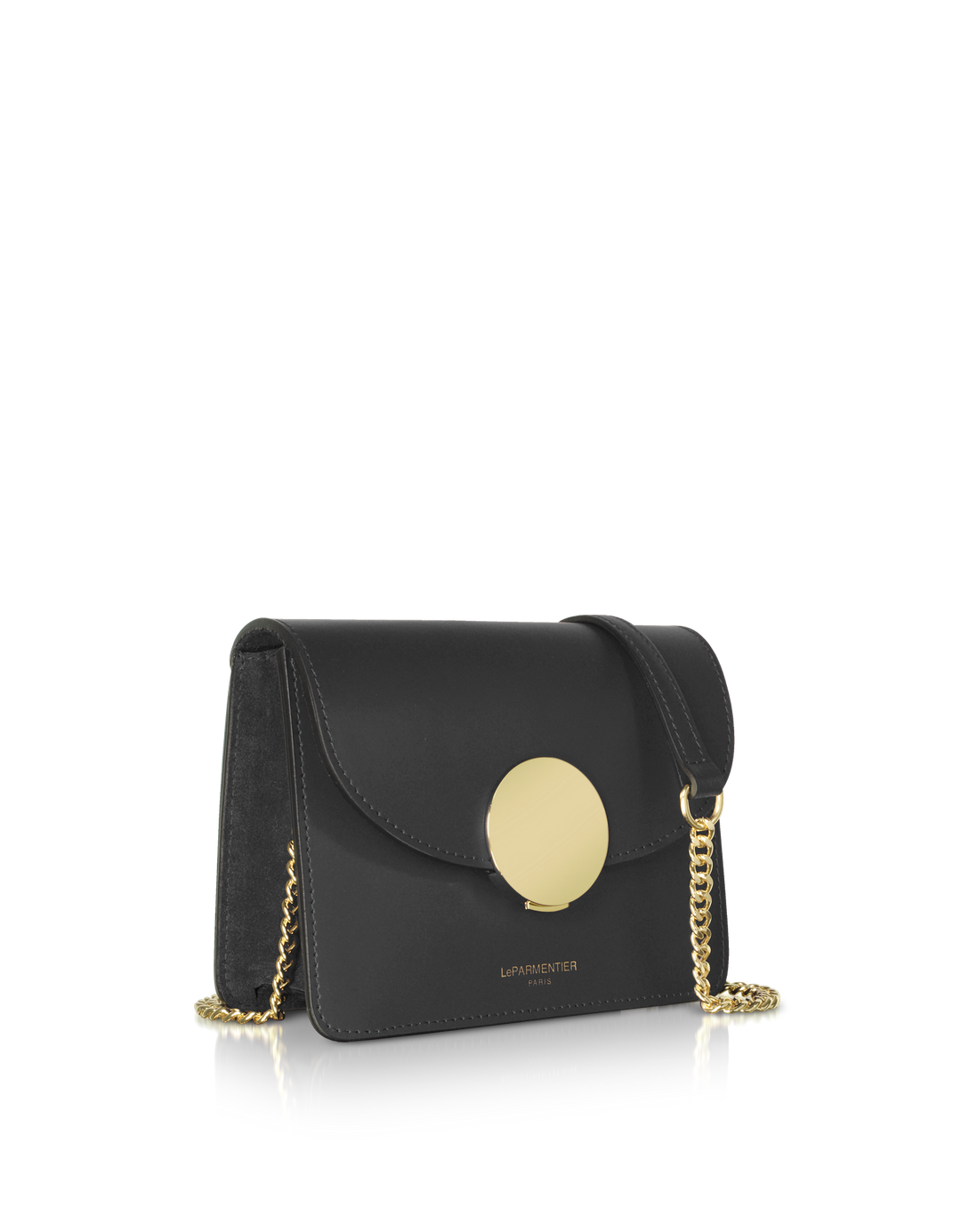 Elegant black leather handbag with gold chain and circular clasp