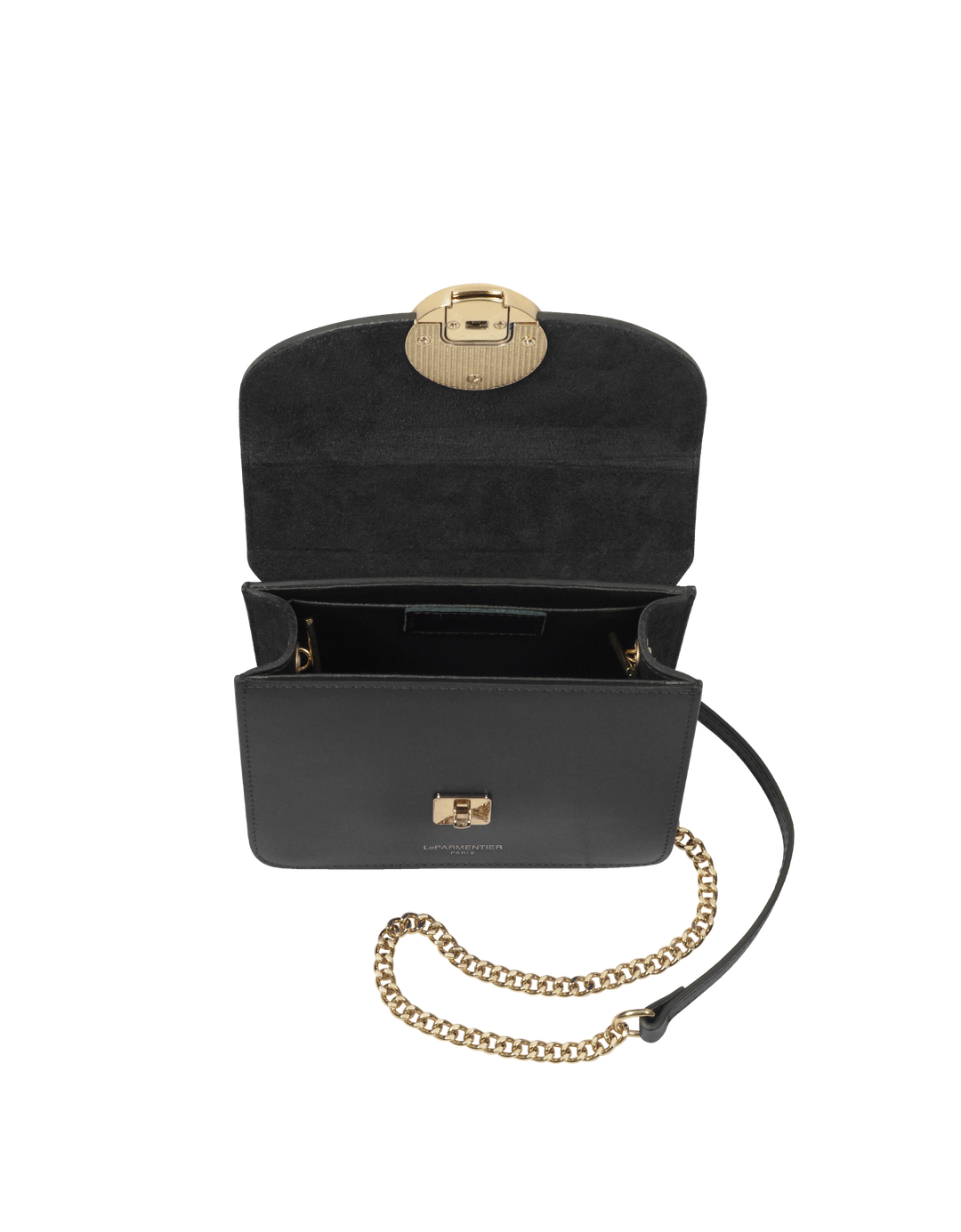 Black leather handbag with gold chain and clasp, open view