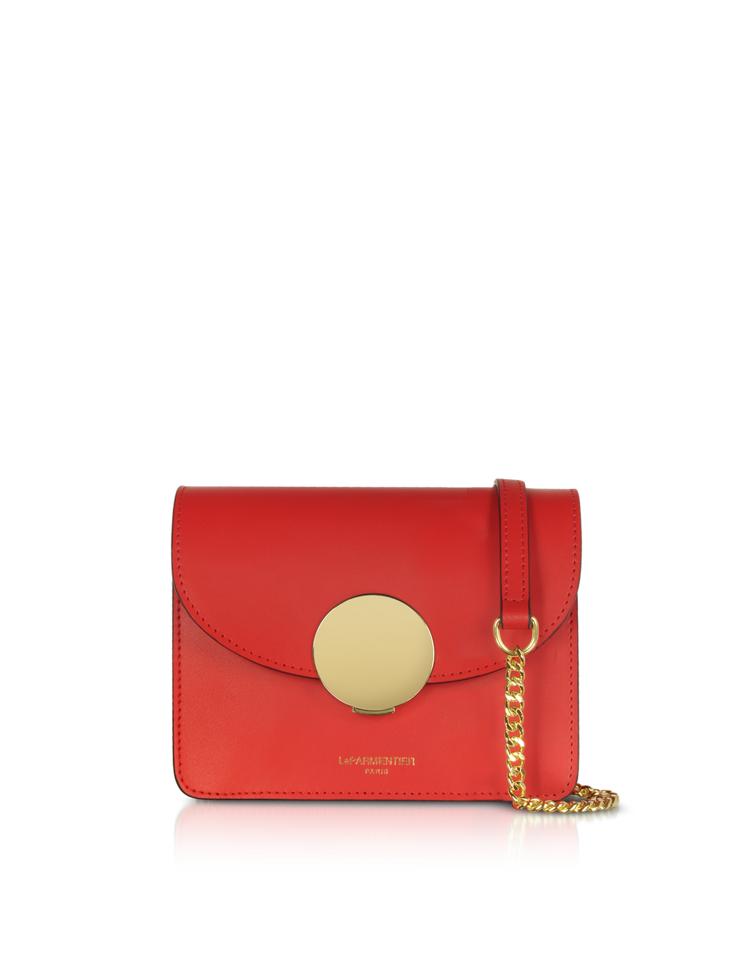 Red leather handbag with gold chain strap and circular gold clasp