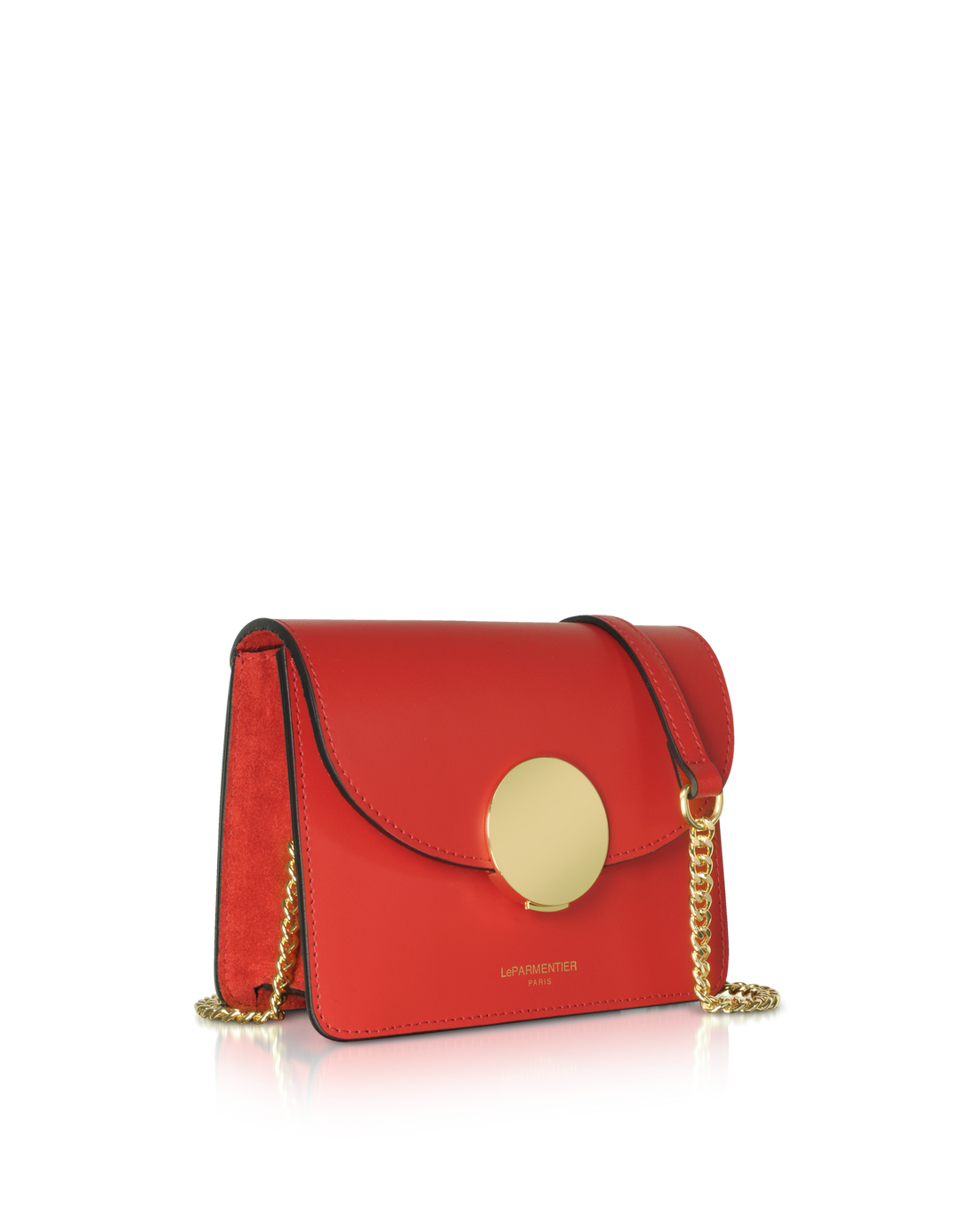 Red leather crossbody bag with gold circular clasp and chain strap