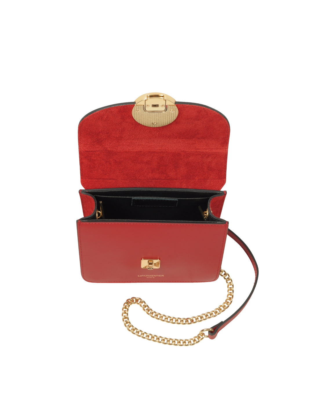 Stylish red leather handbag with gold chain strap and clasp