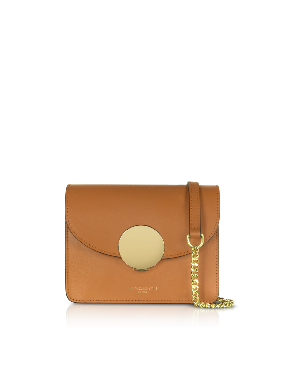 Tan leather crossbody bag with gold chain strap and circular clasp