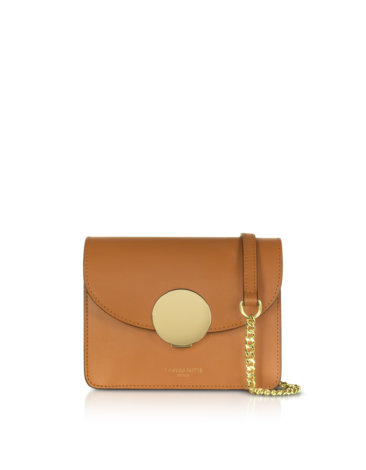 Tan leather crossbody bag with gold chain strap and circular clasp