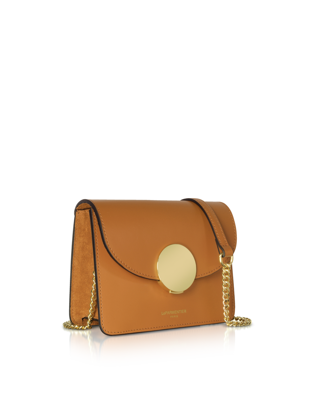 Elegant brown leather handbag with gold chain and circular clasp