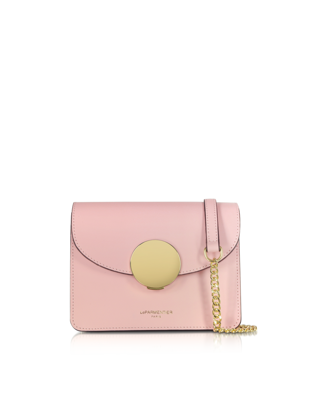 Pink handbag with gold chain and circular clasp