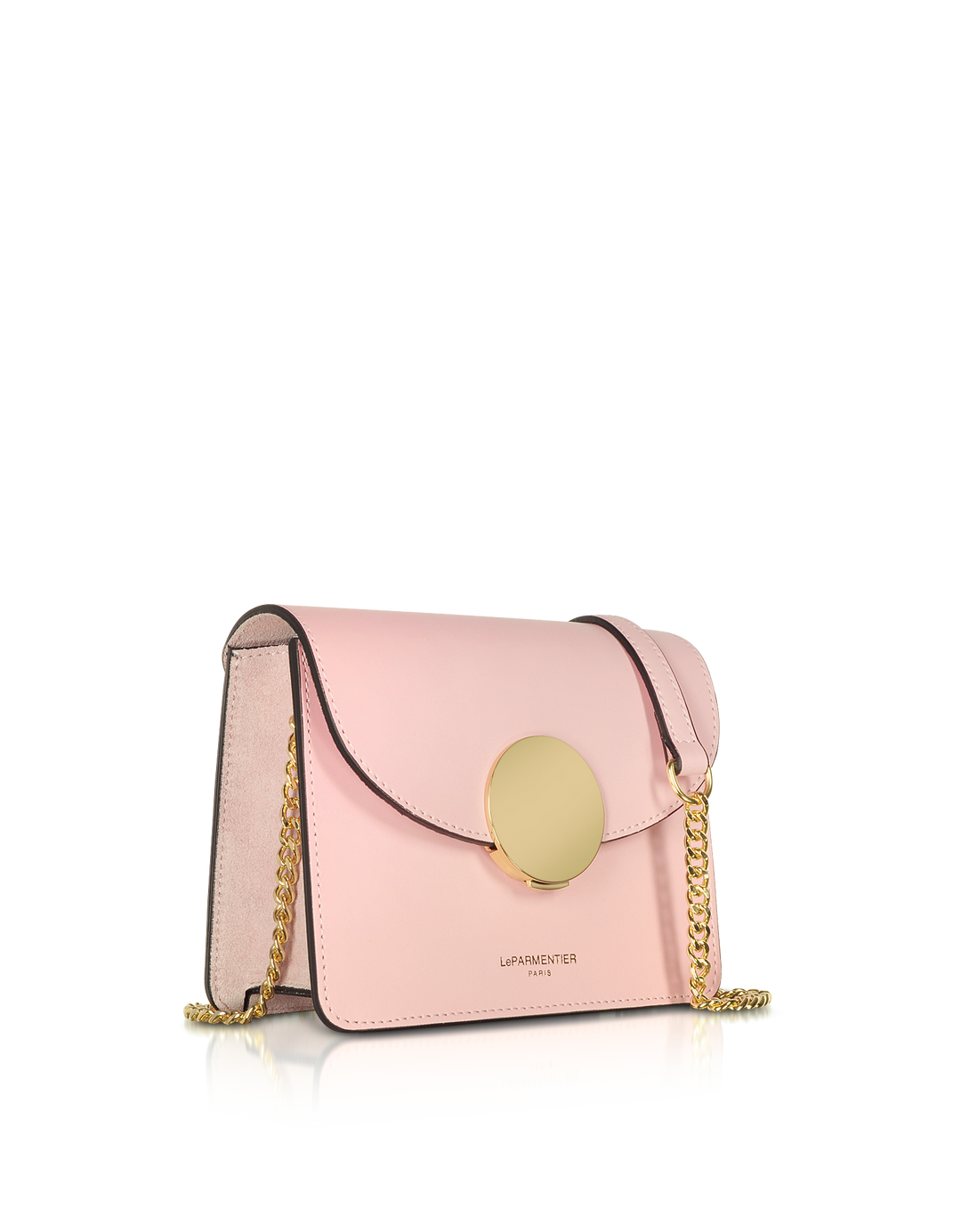 Pink leather handbag with gold chain and round clasp