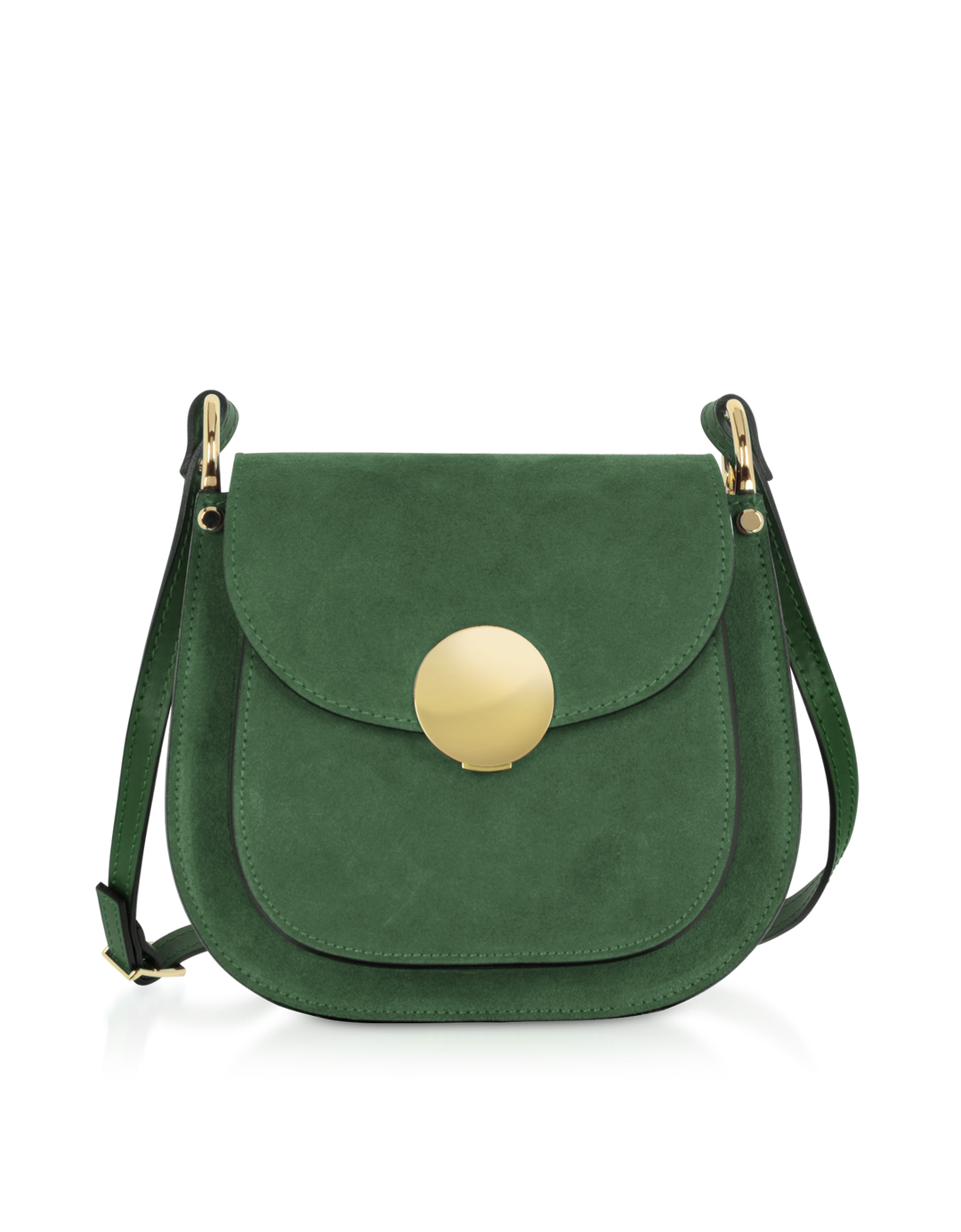 Green suede shoulder bag with gold clasp and adjustable strap