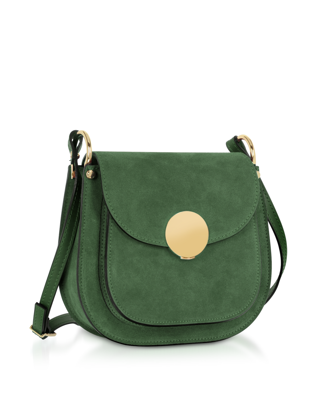 Green suede crossbody bag with gold clasp and adjustable strap