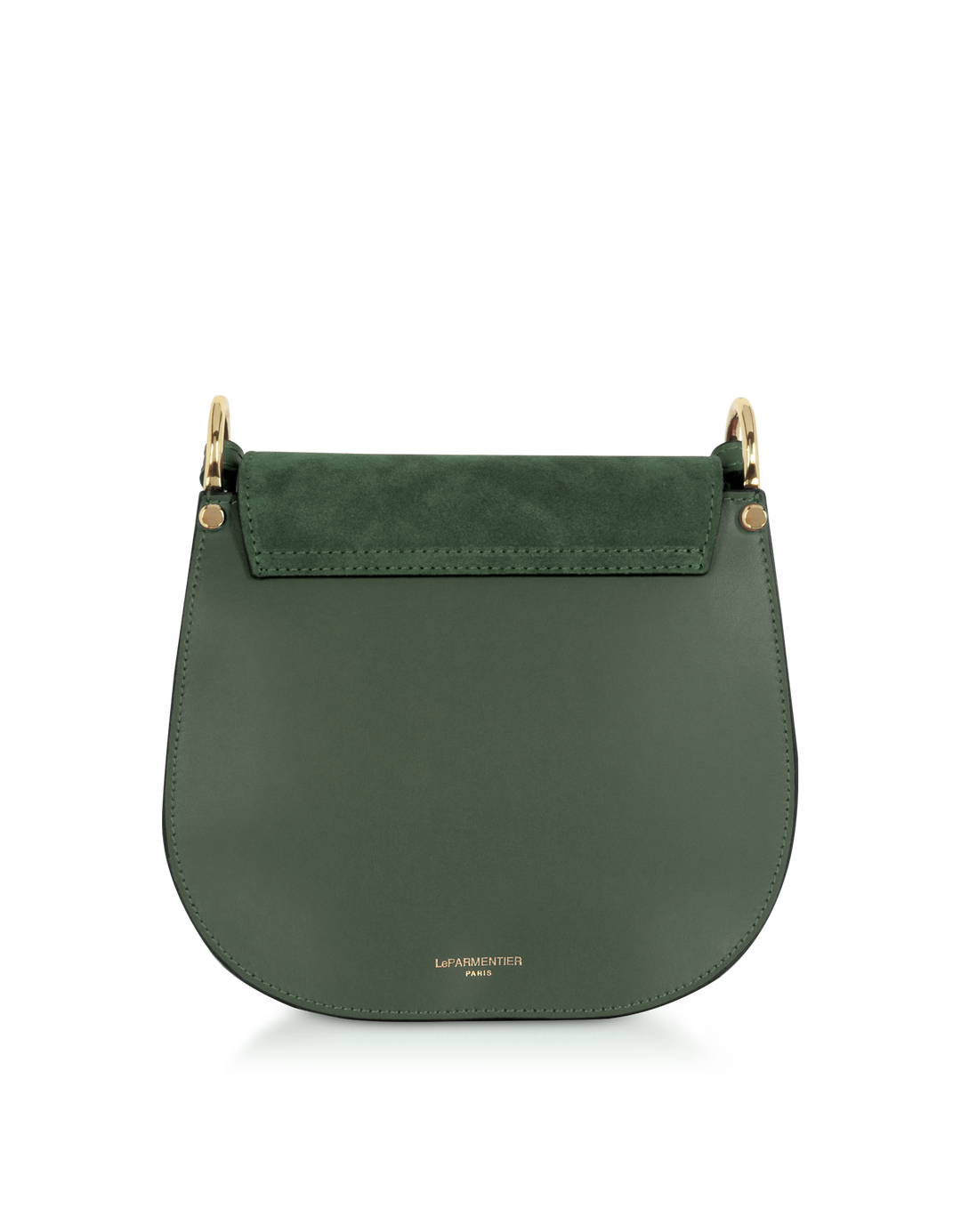 Green leather saddle bag with gold hardware and suede flap from Le Parmentier