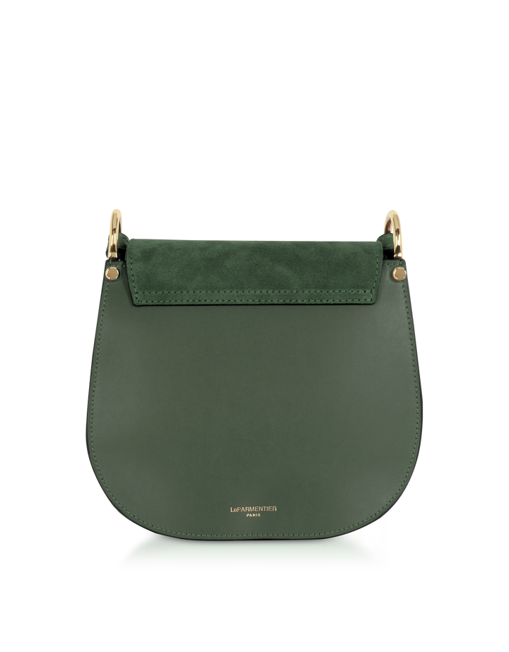 Green leather saddle bag with gold hardware and suede flap from Le Parmentier