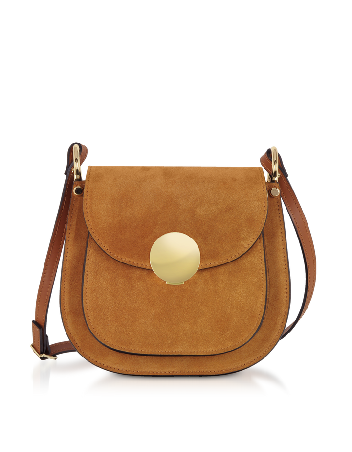 Brown suede crossbody bag with gold clasp and adjustable leather strap