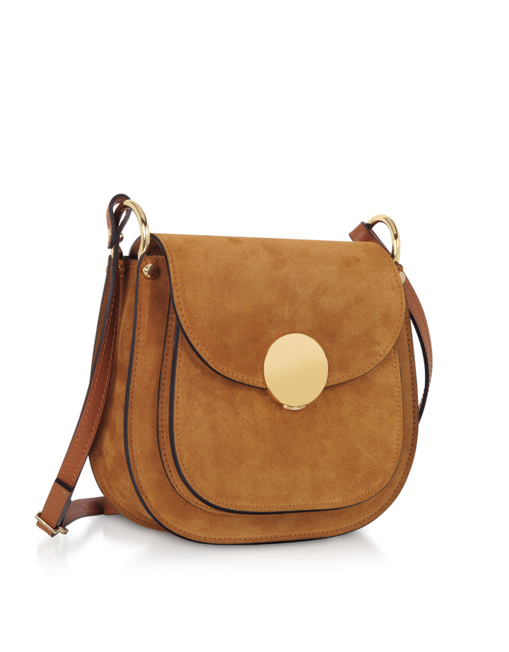 Brown suede saddle bag with gold circular clasp and adjustable strap